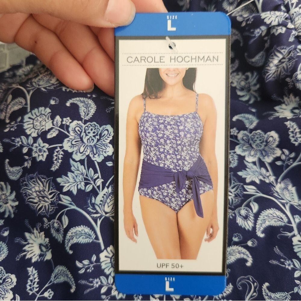 New! Carole Hochman Women Swimsuit Tie Waist Paisley Lined Blue White Large - Picture 7 of 13